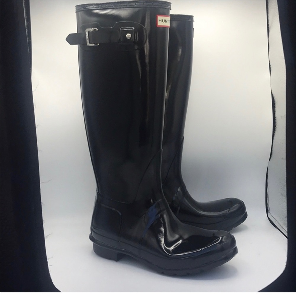 Hunter Black patent tall boots